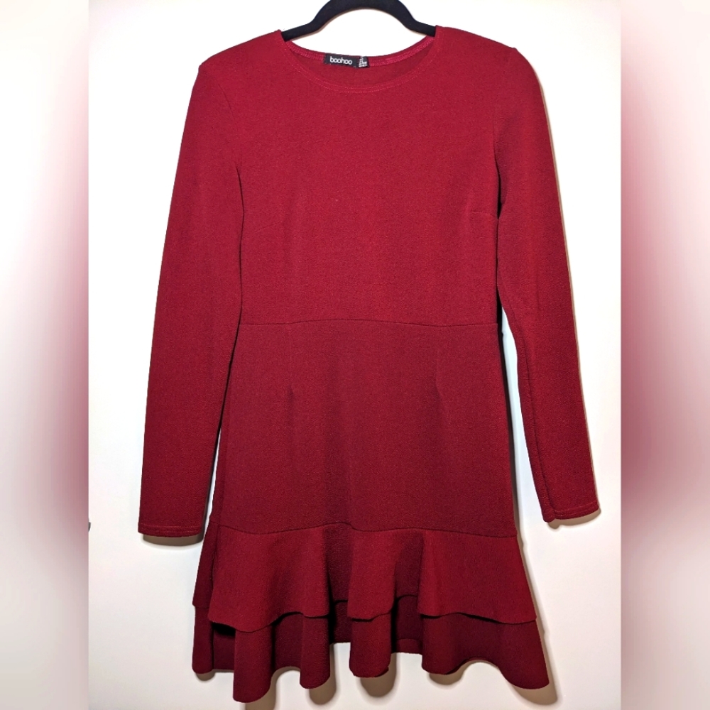 Boohoo Dark Red long sleeve ruffle midi dress